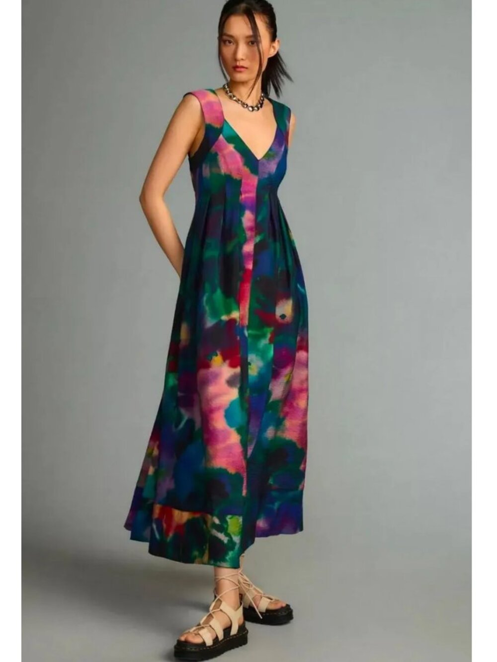 Anthropologie  Printed V-Neck Pleated A-Line Dress